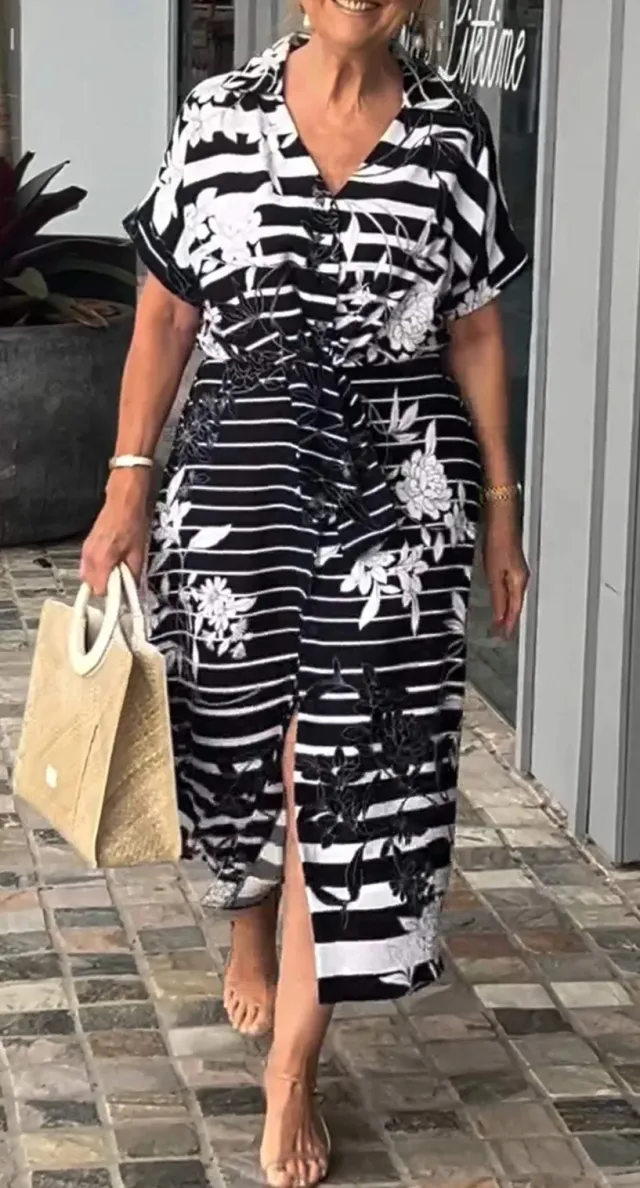 Women's Short Sleeve Belt Slit Hemline At Hem Plant Print Dress Black - Shop at LoveMi