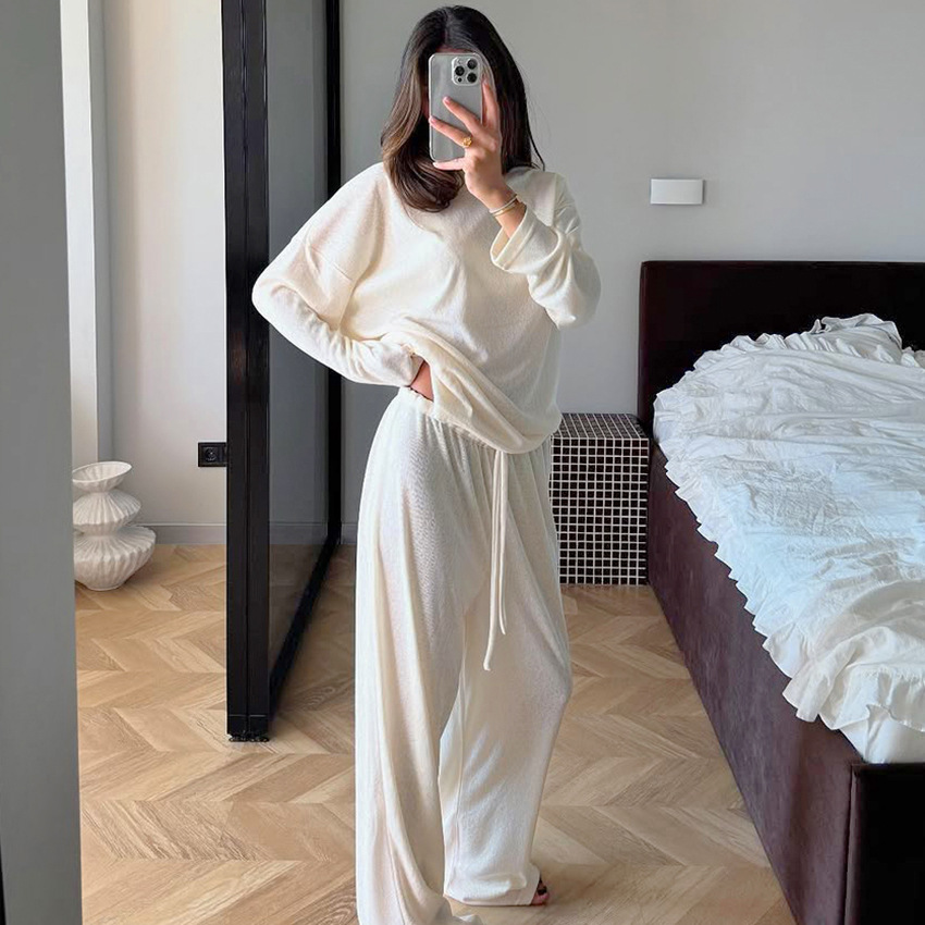 Womens Knitted Stretch Pajamas Loose Comfortable And Casuallong Sleeve Top And Long Pants For Lounging At Home