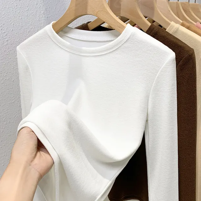 Double sided Bottoming Shirt Sweater Basic Round Neck Brushed Long Sleeve Keep Warm Inner Match Round Neck White - Shop at LoveMi