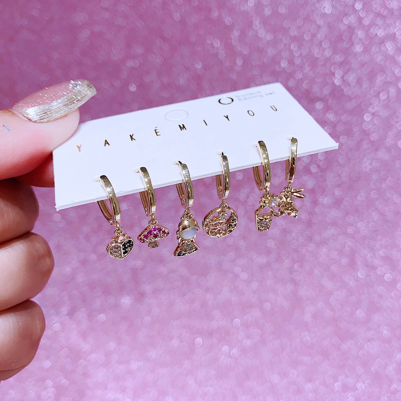 Summer New Rabbit Mushroom Color Zirconium Earrings Suit