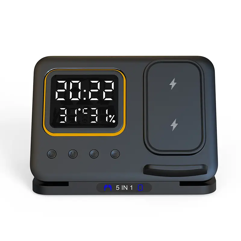 15W Wireless Chargers Stand 5 In1 LED Digital Alarm Clock Fast Charging Dock