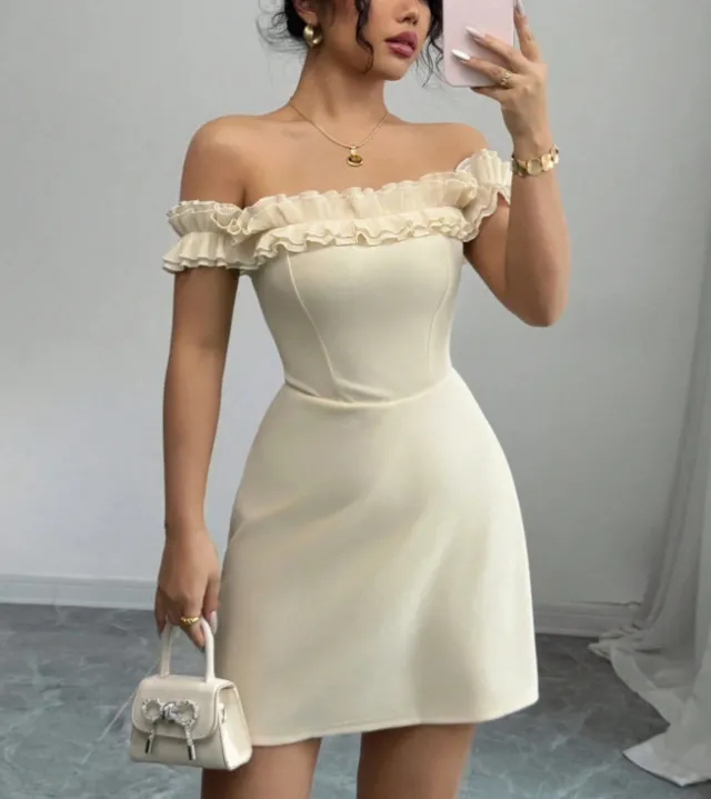 American Retro Sexy Socialite Off neck Temperament Adult Lady Like Woman Design Sense Hip wrapped Short Dress Beigewhite - Shop at LoveMi