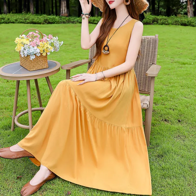 Summer Cotton Silk Dress Outer Wear Yellow - Shop at LoveMi