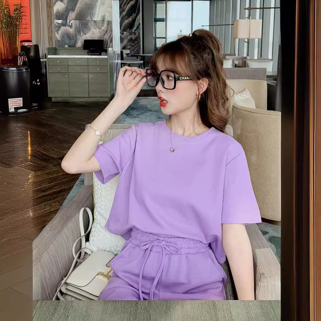 Korean Sweet Girl Sports Loose Slimming And Short T shirt Ankle length Pants Two piece Set Violet - Shop at LoveMi