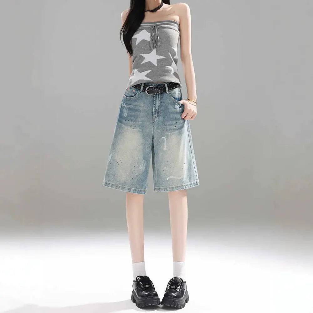 Retro Ink-Splatter Blue Wide-Leg Denim Capri Pants