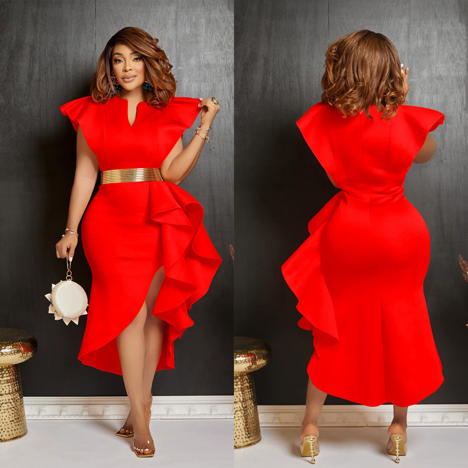 Fashion Solid Color Belt Ruffles Irregular Dress Women