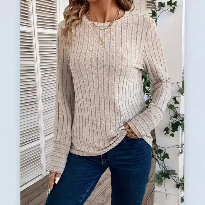 Pure Color Comfort Round Neck Sunken Stripe T-shirt