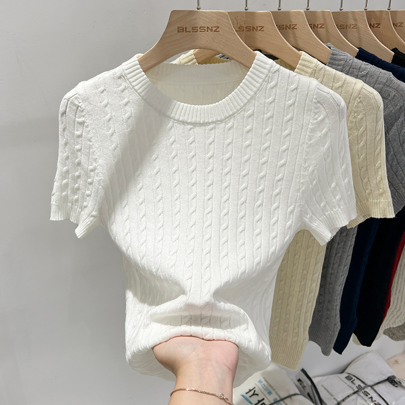 Retro Cable-Knit Crew-Neck Short-Sleeve Knit T-Shirt For Summer