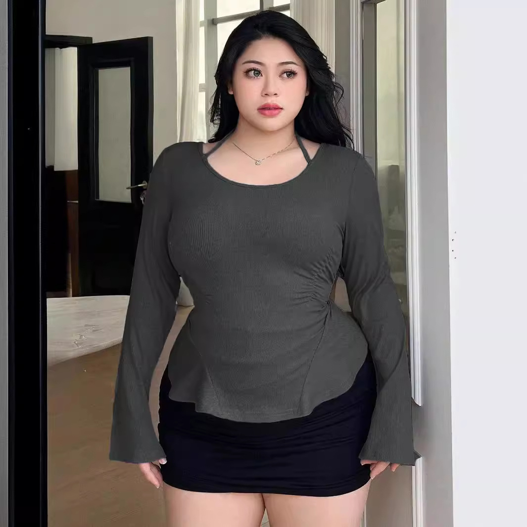 Women's Sexy Pure Style T-shirt U-neck Long-sleeved Elegant Slim Top