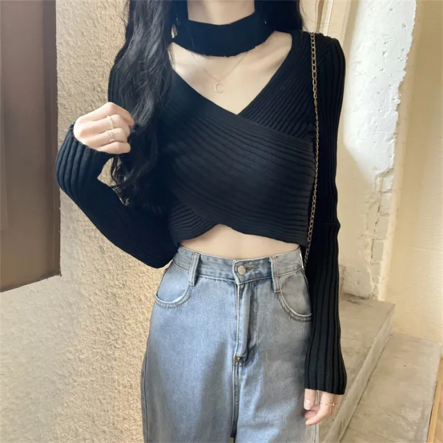 Women's Cross halterneck V neck Knitted Sweater Black - Shop at LoveMi