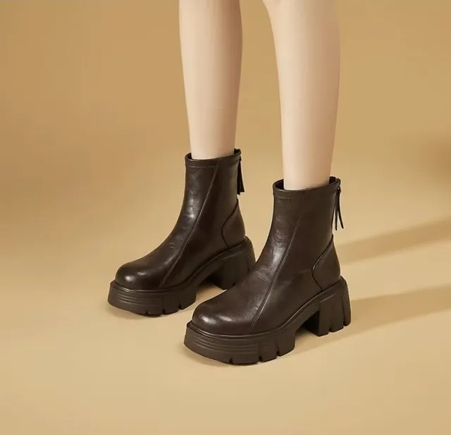 Women's New Fashionable Soft Leather Height Enhancing British Style Ankle Boots Brown - Shop at LoveMi