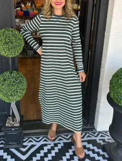 Women's Fashion Striped Slit Round Neck Dress Knitted And Emerized Dress - Dark Green - View 1