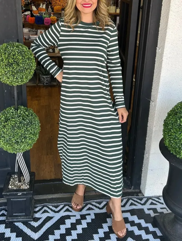 Women's Fashion Striped Slit Round Neck Dress Knitted And Emerized Dress Dark Green - Shop at LoveMi