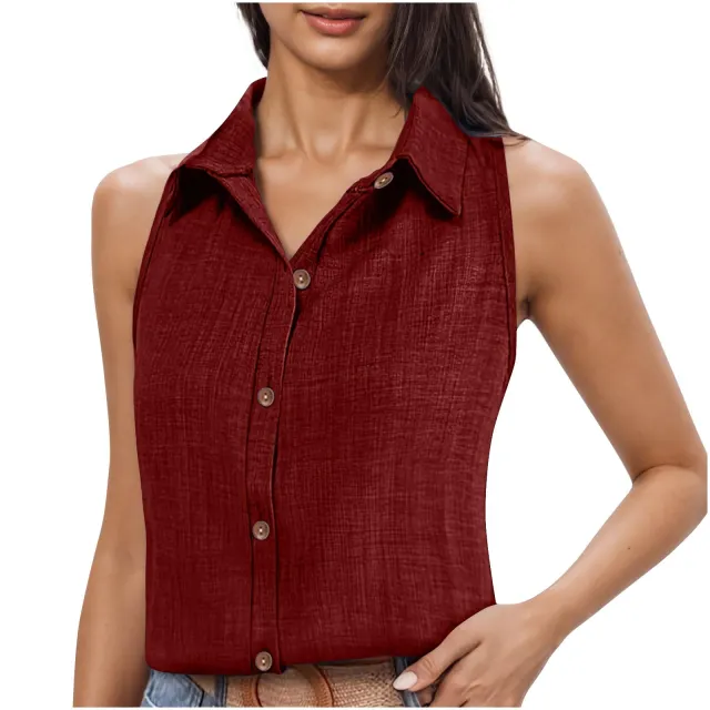 Lapel Cotton Linen Button Sleeveless Shirt Women's Clothing 32 Style L - Shop at LoveMi