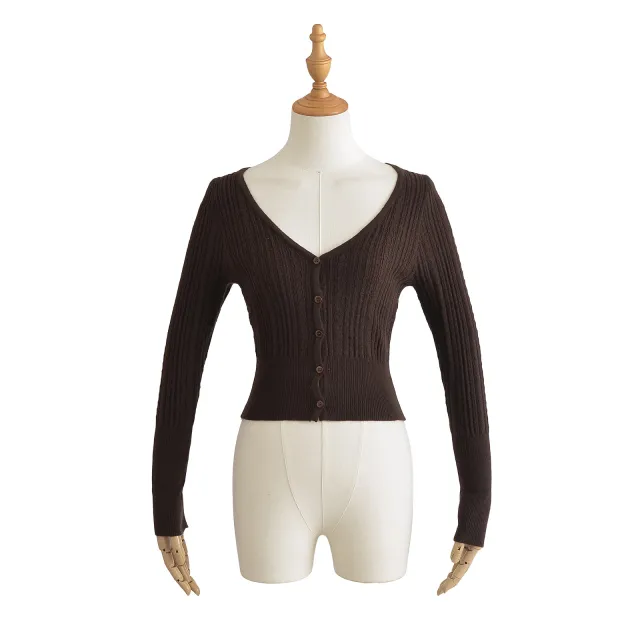 American Pure Desire Sexy V neck Single breasted Long Sleeve Sweater Brown - Shop at LoveMi