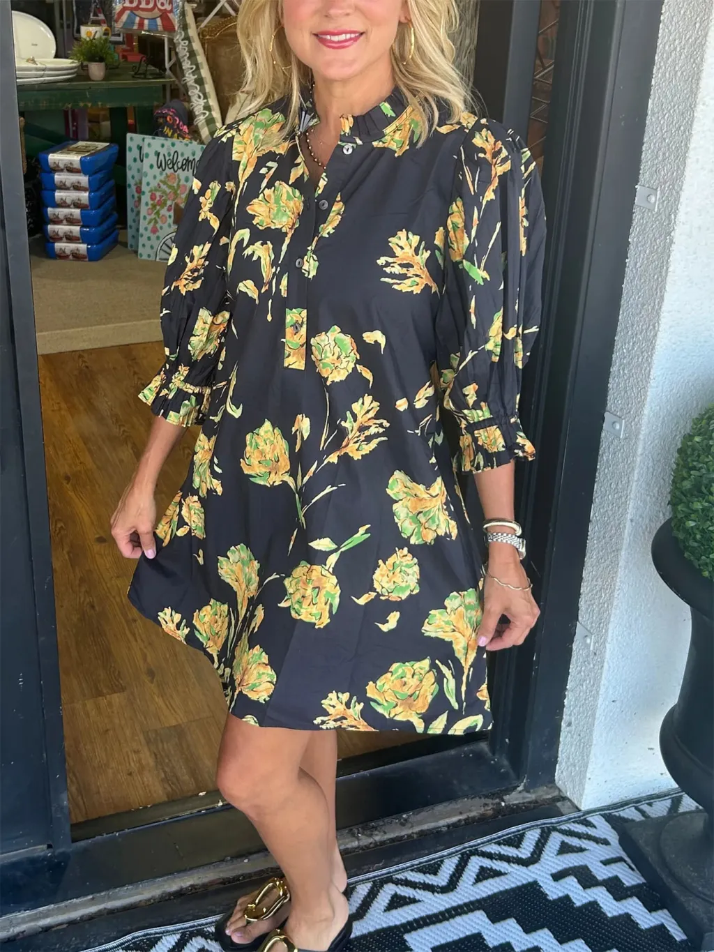 Floral Print Women Puff Sleeve Waist-controlled Lace-up Short Female Dress - Yellow Flower