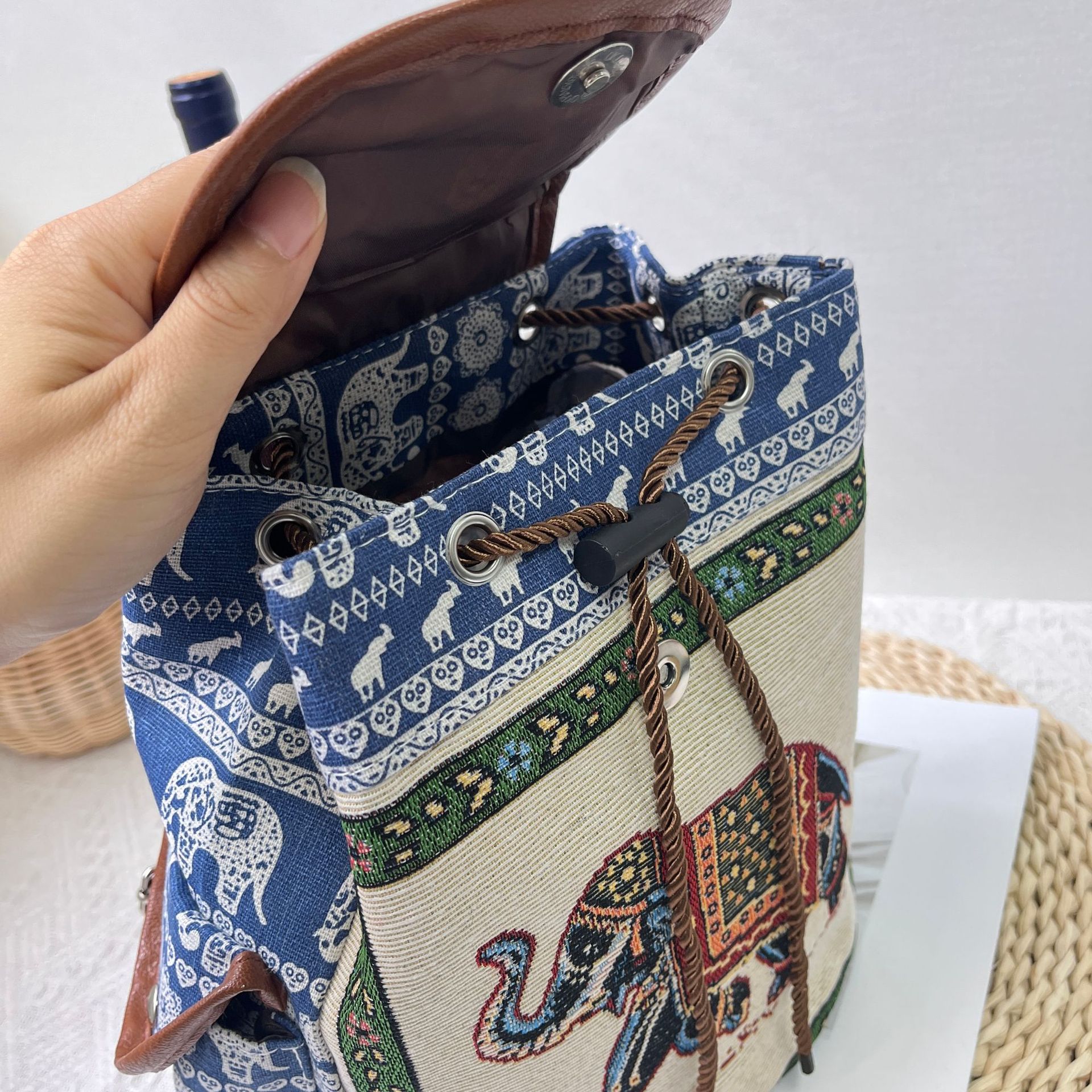 Bohemian Embroidered Backpack with Elephant Design
