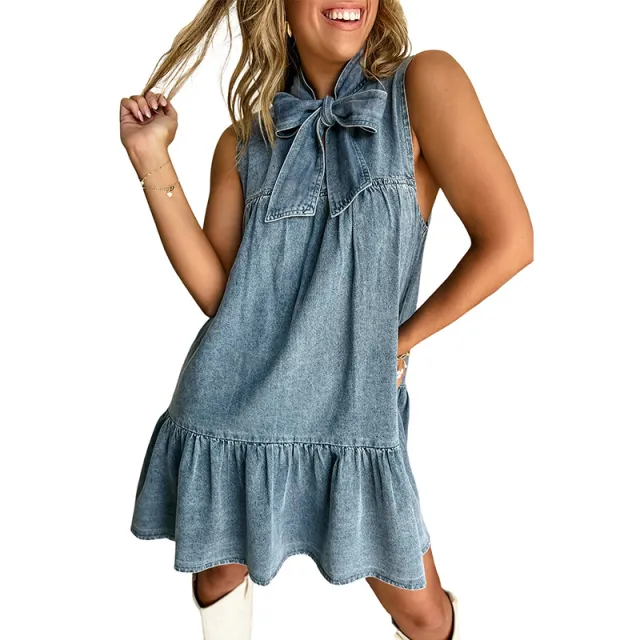 Bow Sleeveless Cotton Denim Dress Dark Blue - Shop at LoveMi