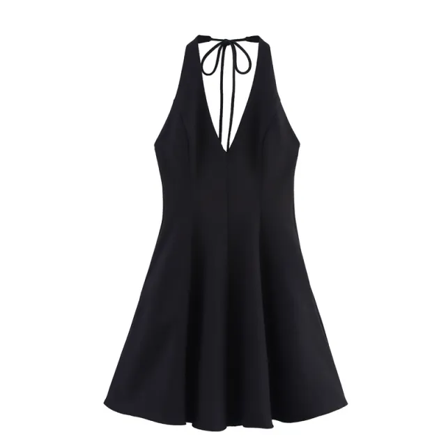 European And American Style Backless Wavy Style Wide Swing Halter Dress Black - Shop at LoveMi