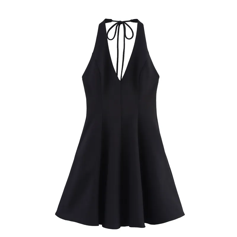 European And American Style Backless Wavy Style Wide Swing Halter Dress - Black