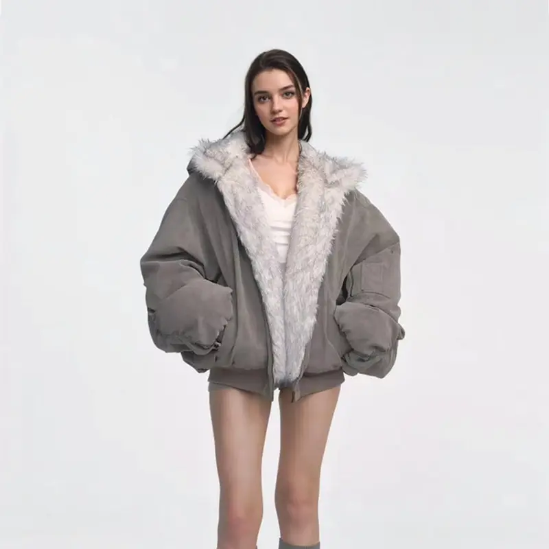 Gray Double-sided Dyed Pointed Fur Vintage Cotton-padded Jacket Coat