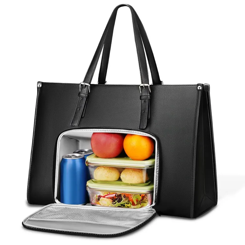Lunch Compartment Leather Briefcase Tote - Black