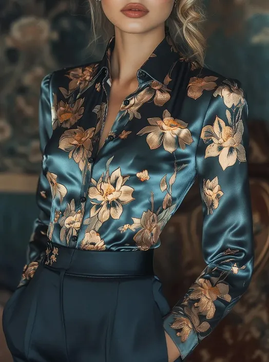 Spring And Summer Lapels Fashion Trollius Chinensis Printed Shirt Blue - Shop at LoveMi