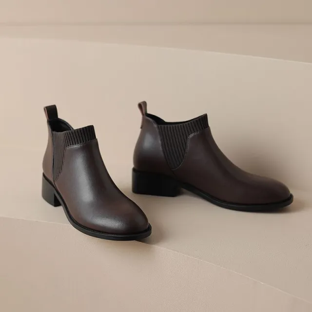 Elegant All match Knitted Stitching Ankle Boots Chunky Heel Brown - Shop at LoveMi