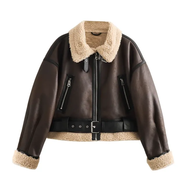 Women's Loose Long Sleeve Lamb Wool Splicing Coat Brown - Shop at LoveMi
