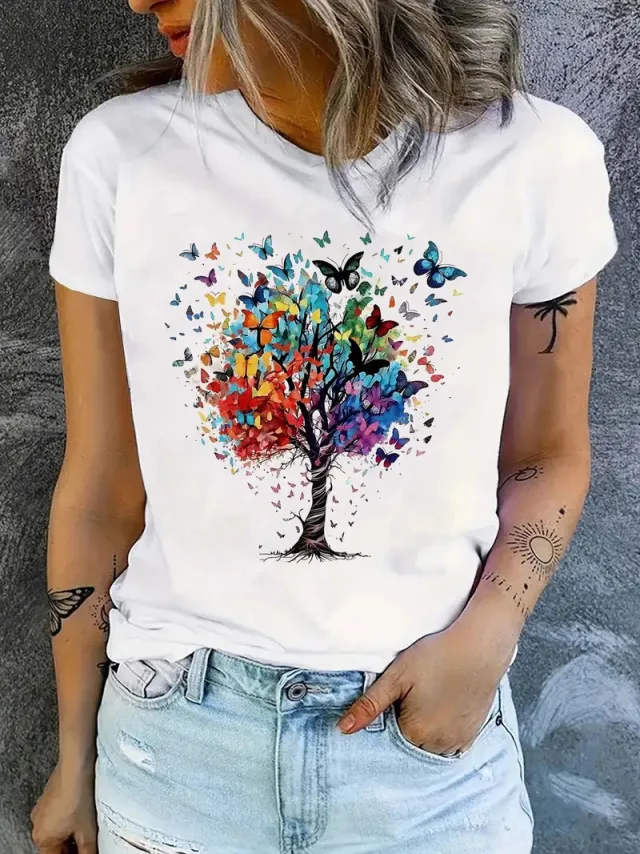 Printed Round Neck Short Sleeve Top Mxw140 L - Shop at LoveMi
