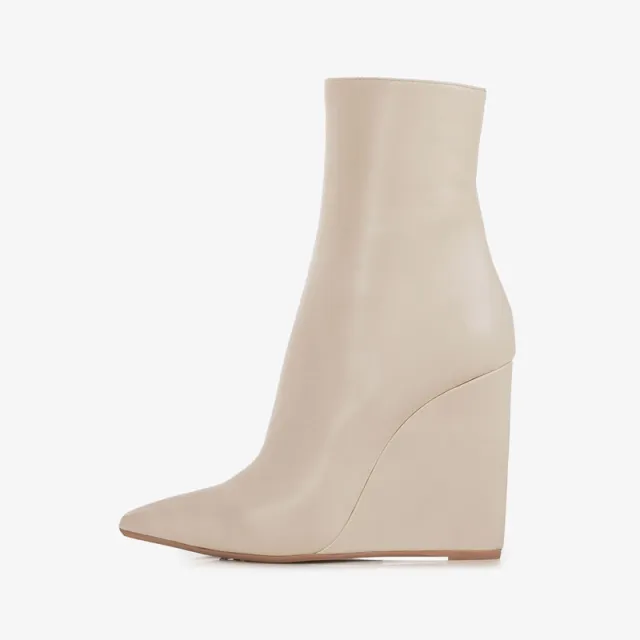 Side Zipper High Heel Pointed Toe Wedge Ankle Boots Beige - Shop at LoveMi
