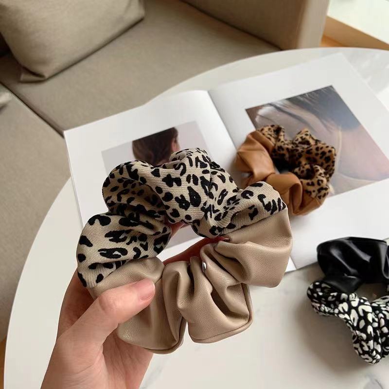 Leopard Print Leather Stitching New Color Block Large Intestine Hair Ring Stitching Beige - Shop at LoveMi