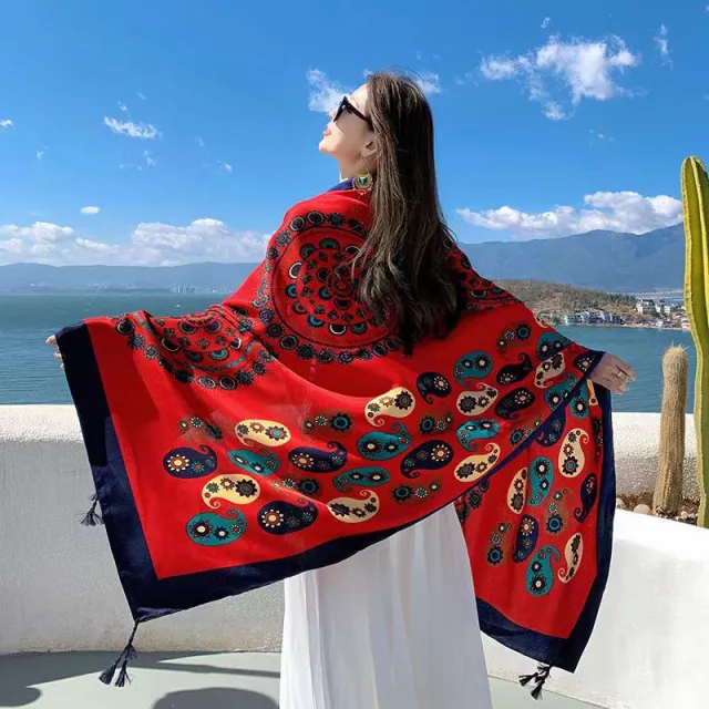 Women's Ethnic Style Shawl Sun Protection Twill Cotton Tassel Scarf 61 Cashew Wheel - Shop at LoveMi