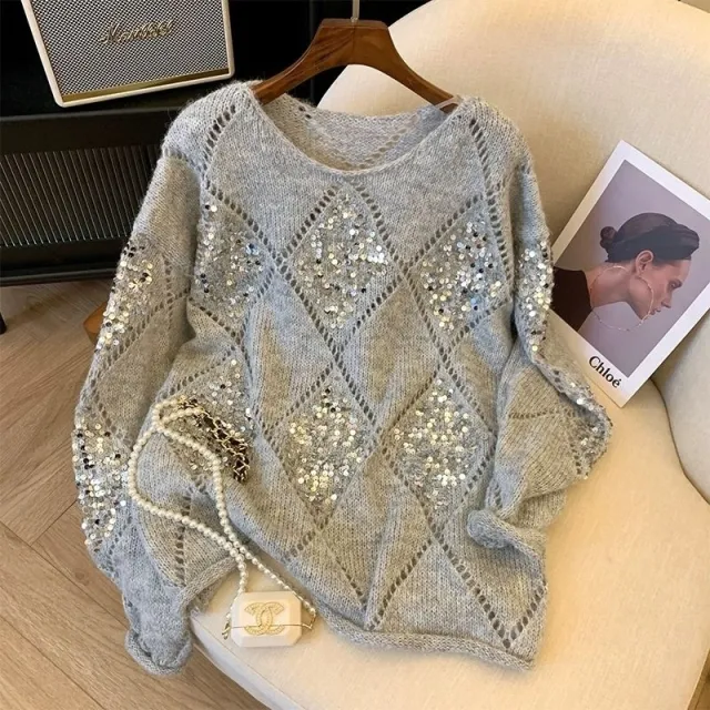 Idle Style Large Design Pullover Sequins Loose fitting All match Sweater Gray - Shop at LoveMi