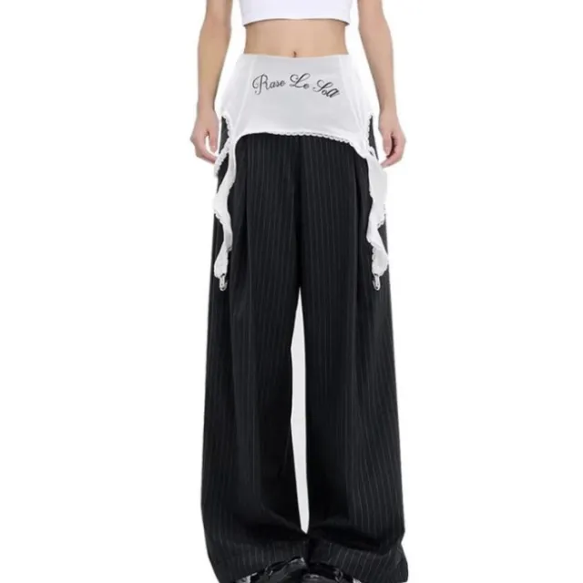 Spring And Autumn Stitching Lace Loose Slimming Draping Wide leg Striped Suit Pants For Women Gray - Shop at LoveMi