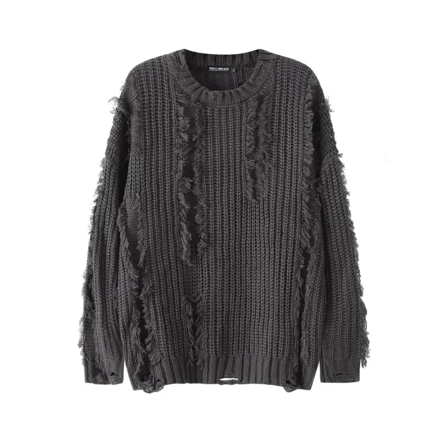 Retro Twist Ripped Pullover Lazy And Loose Sweater Gray - Shop at LoveMi