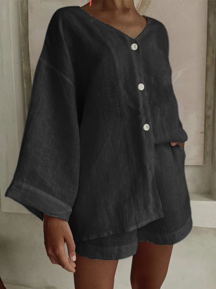 Women's cotton linen shirt and shorts set – button detail and fabric close-up