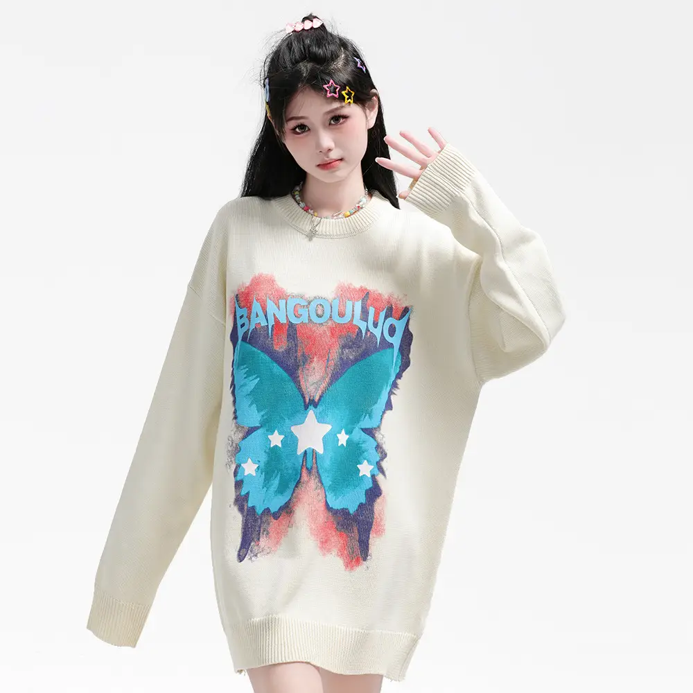 Niche Butterfly Print Loose Round Neck Sweater