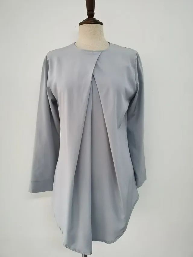 Malaysia Round Neck Elegant Top Solid Color Nine quarter Sleeve Shirt Gray Without Headscarf - Shop at LoveMi