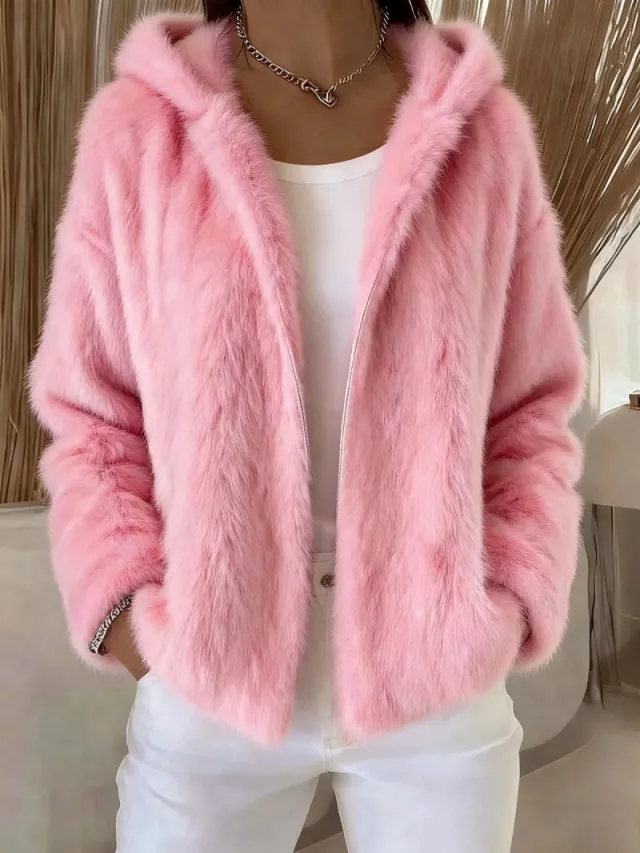Fall Winter Hooded Solid Color Fashion Casual Zip Coat Pink - Shop at LoveMi