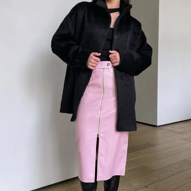 Autumn Winter Retro Matte Casual Leather Split Skirt Pink - Shop at LoveMi