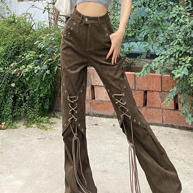 High Waist Lace up Design Solid Color Street Shot Casual Trousers Khaki - Shop at LoveMi