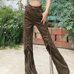 High Waist Lace-up Design Solid Colour Street Shot Casual Trousers - Khaki - View 1
