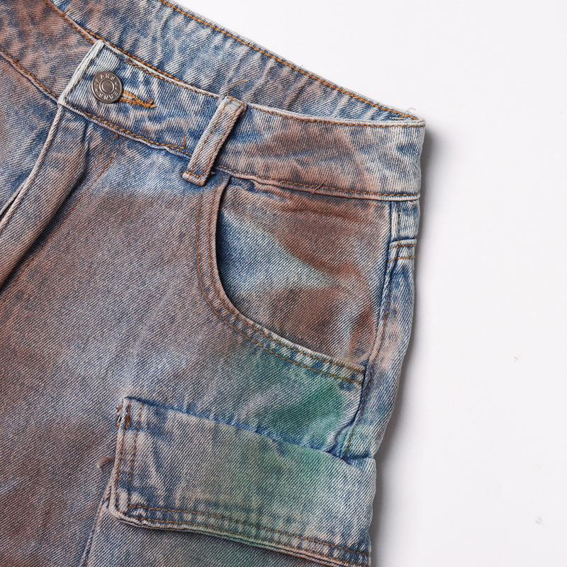 High Street Tooling Style Patchwork Pocket Design High Waist Wide Leg Slimming Dirty Jeans