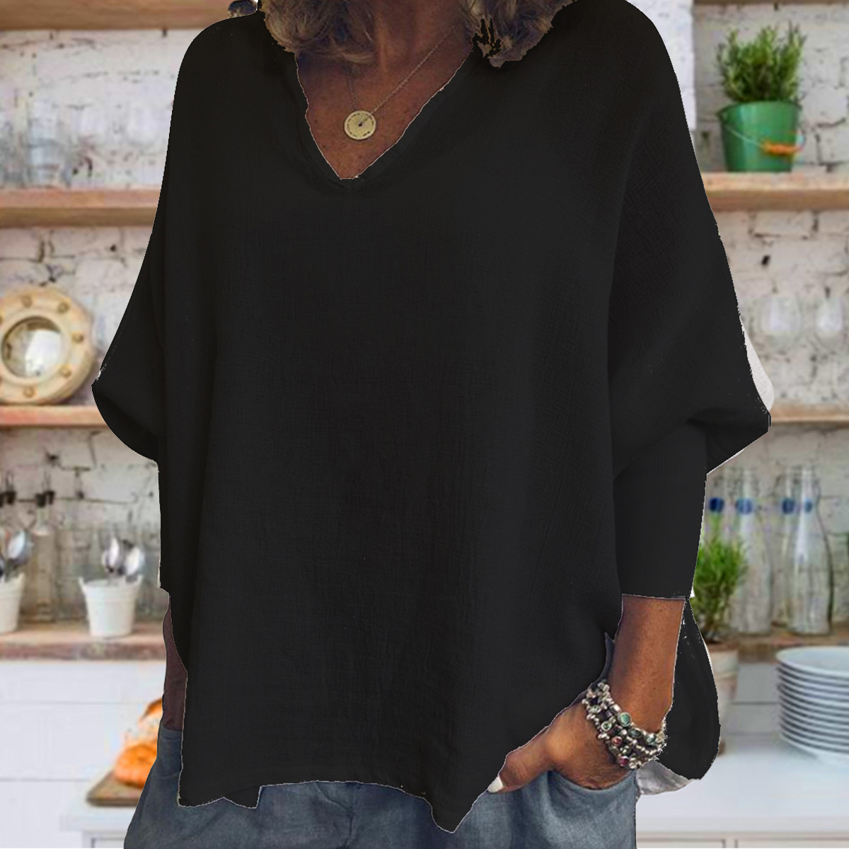 V-neck Solid Color Cotton And Linen Threaded Long Sleeve T-shirt