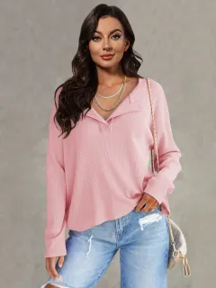 Women's Fashionable Casual All-match V-neck Long-sleeved Top - Pink - View 1