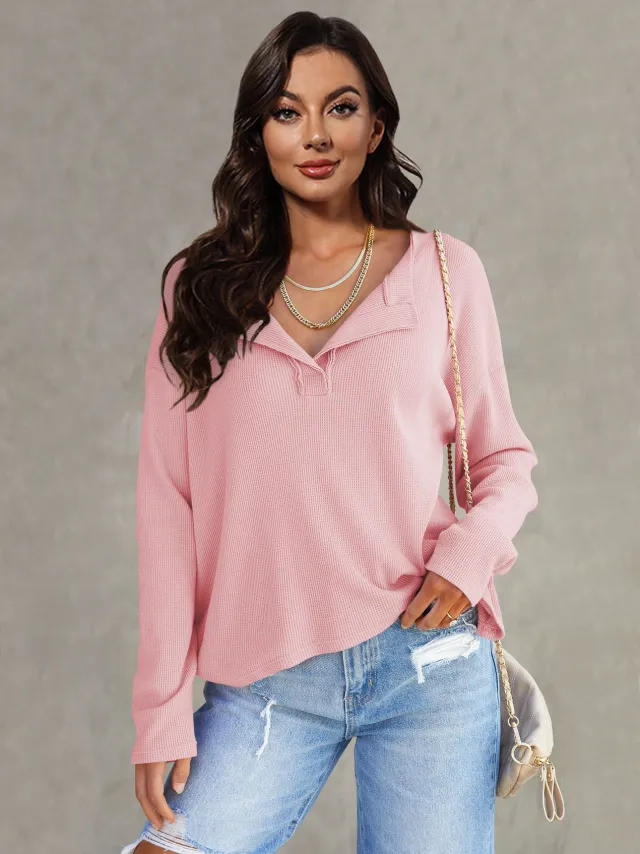 Women's Fashionable Casual All match V neck Long sleeved Top Pink - Shop at LoveMi