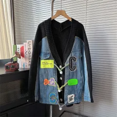Denim Stitching Sweater Cardigan For Women Loose Knitted Coat - Black - View 1