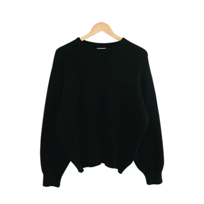 Solid Color Lazy And Loose Thick Needle Pullover - Black
