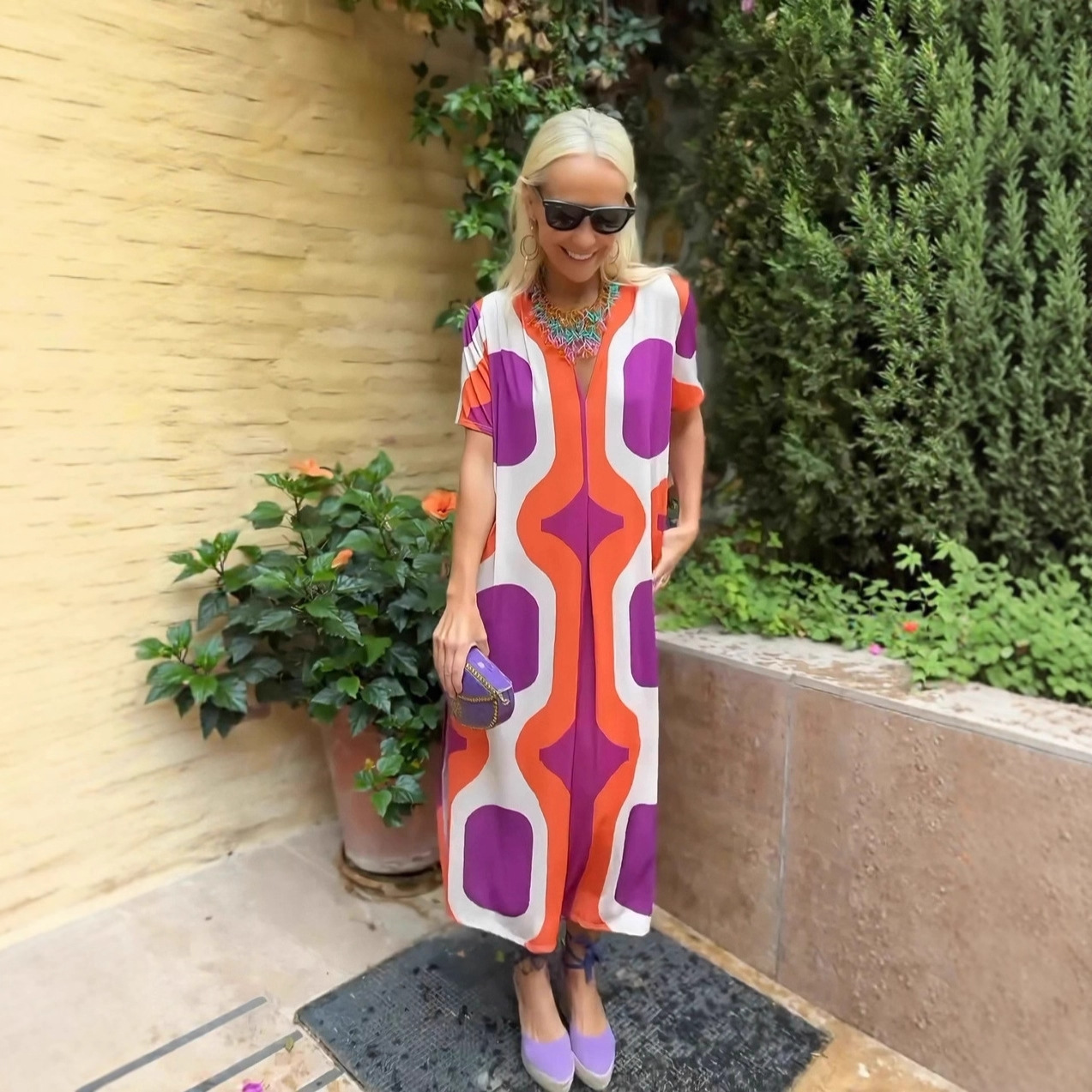 Women's Ethnic Print Loose Short Sleeve Dress Purple 2 - Shop at LoveMi